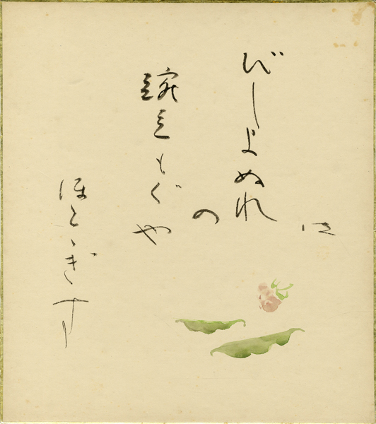石田波郷画賛色紙　「びしよぬれの豌豆もぐやほととぎす　波」